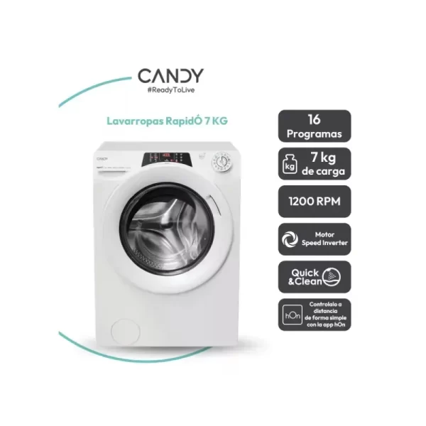 LAVARROPAS CANDY INVERTER  BLANCO RO1274DW 7 KG 1200RPM - Imagen 5